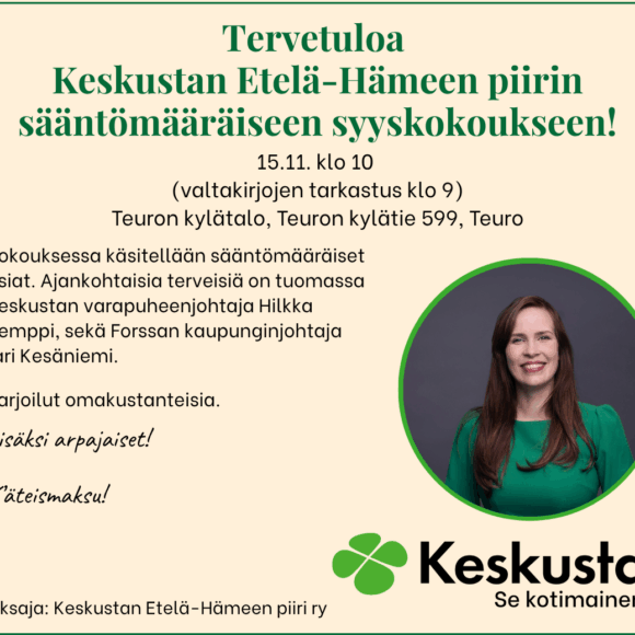 Etelä-Hämeen piirin sääntömääräinen syyskokous 15.11. Teurossa
