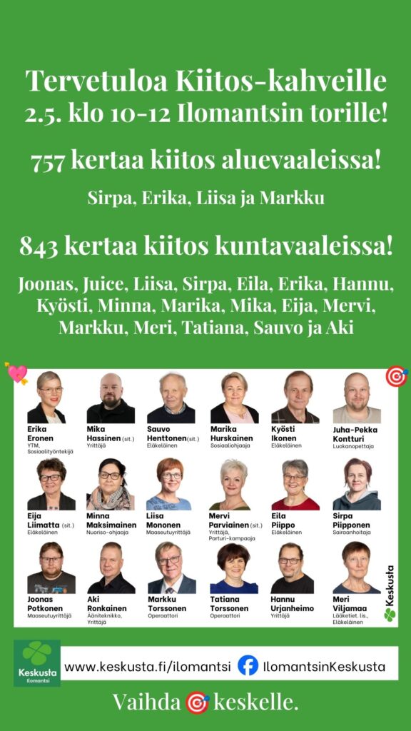 Ilomantsin Keskustan Kiitos-kahvit pe 2.5.2025 klo 10-12 Ilomantsin torilla