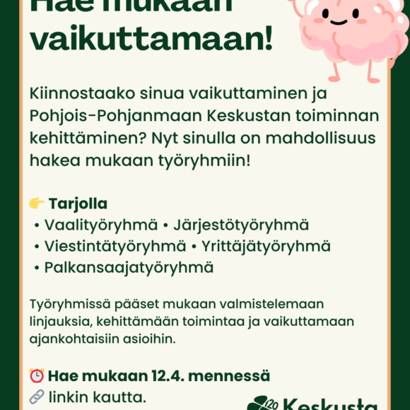 Hae mukaan työryhmiin! Haku käynnissä 12.4. saakka.