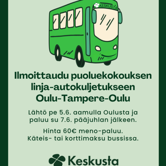 Ilmoittaudu puoluekokouksen linja-autokuljetukseen Oulu-Tampere-Oulu