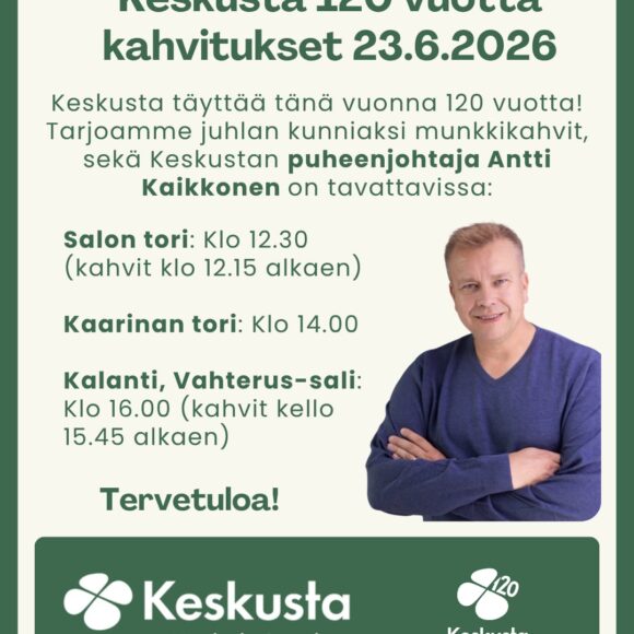 Keskusta 120 v kahvitukset - puheenjohtaja Antti Kaikkonen Varsinais-Suomessa